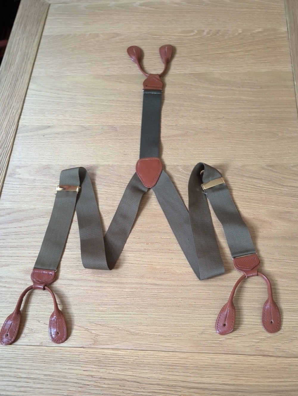 VTG Made in England Rigid Button Suspenders Braces Olive Green Leather Y-Back